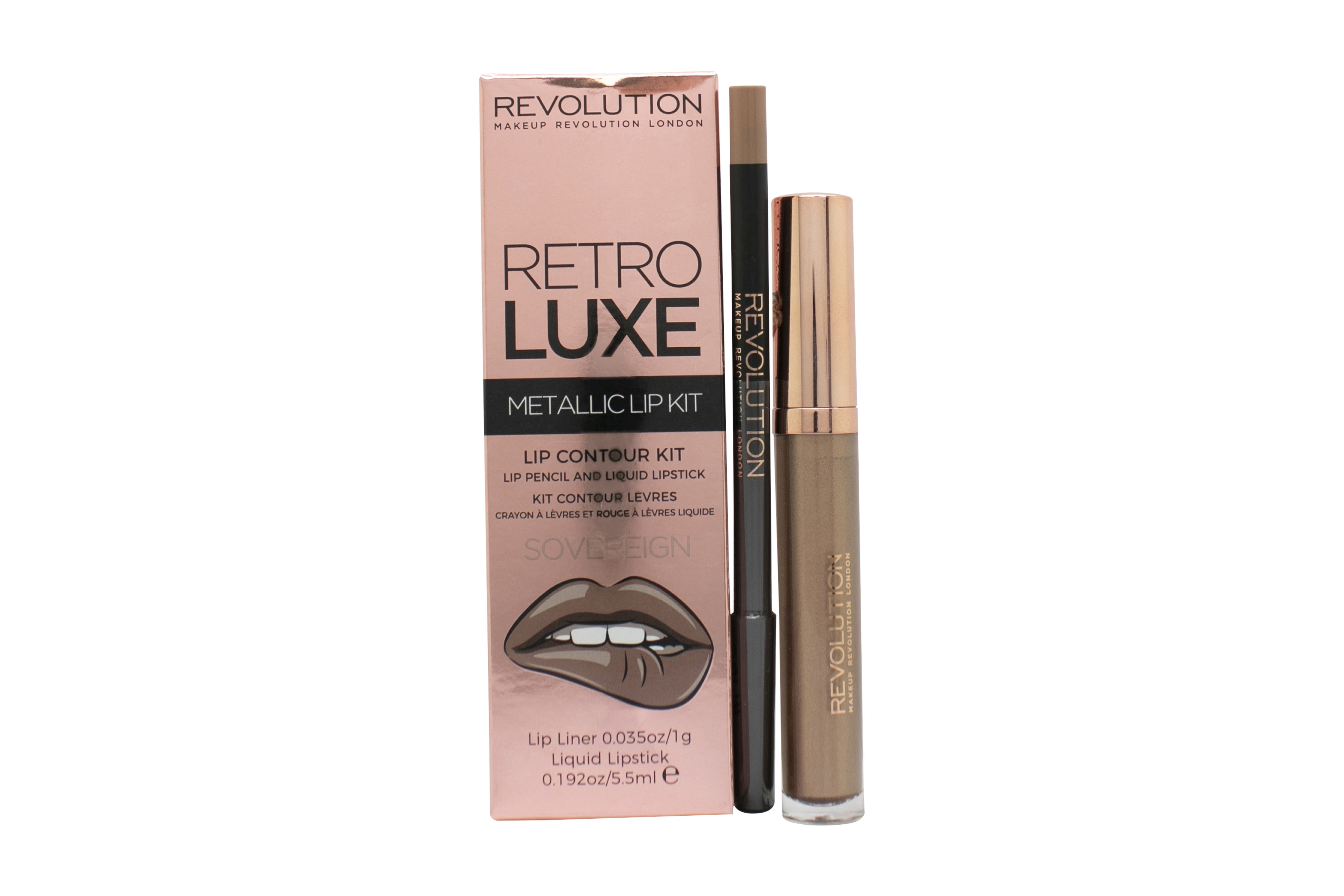 Makeup Revolution Retro Luxe Metallic Lip Kit 1g Lip Pencil + 5.5ml Liquid Lipstick - Sovereign