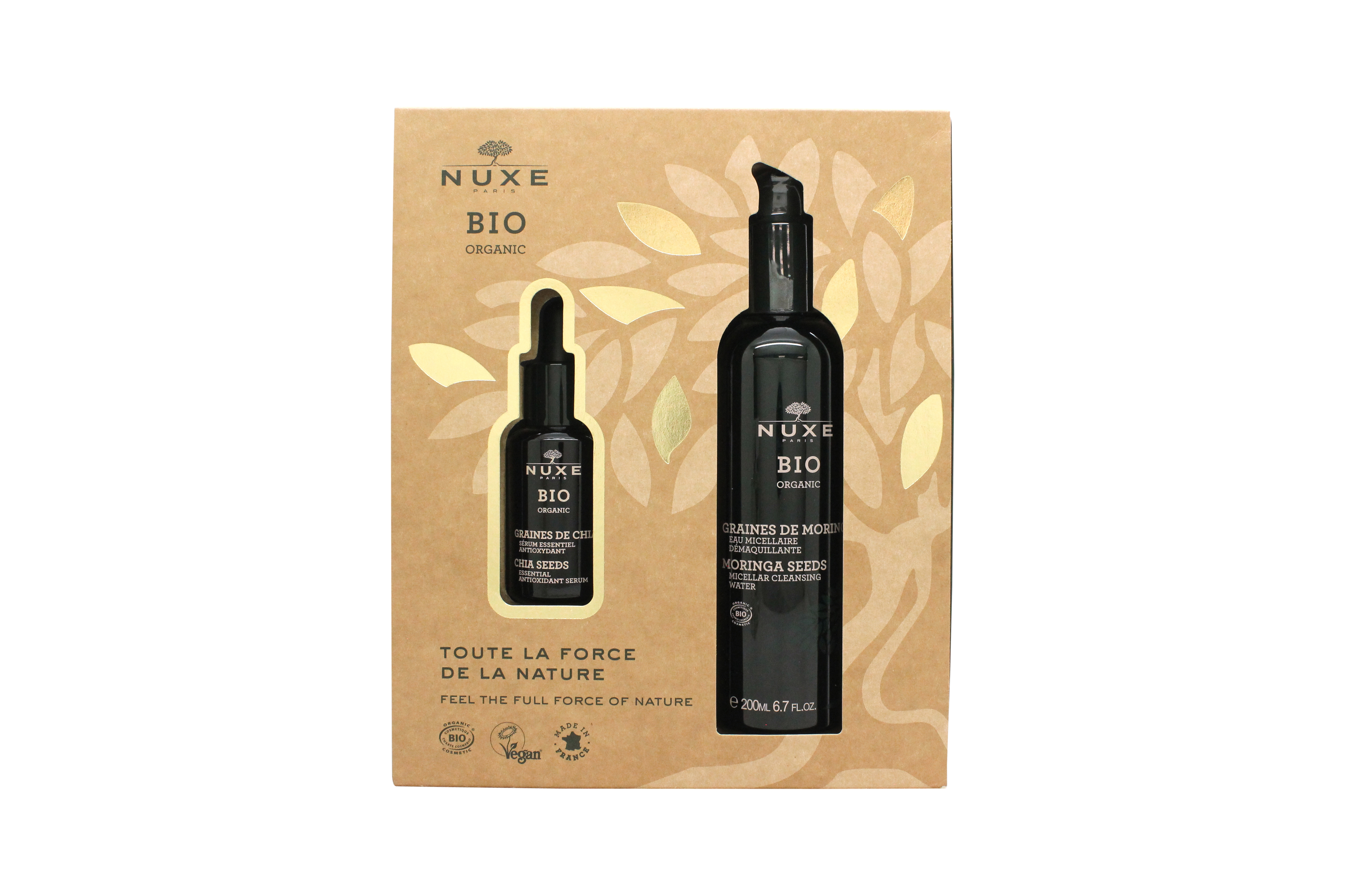 Nuxe Bio Organic Gift Set 30ml Chia Seeds Essential Antioxidant Serum + 200ml Moringa Seeds Micellar Cleansing Water