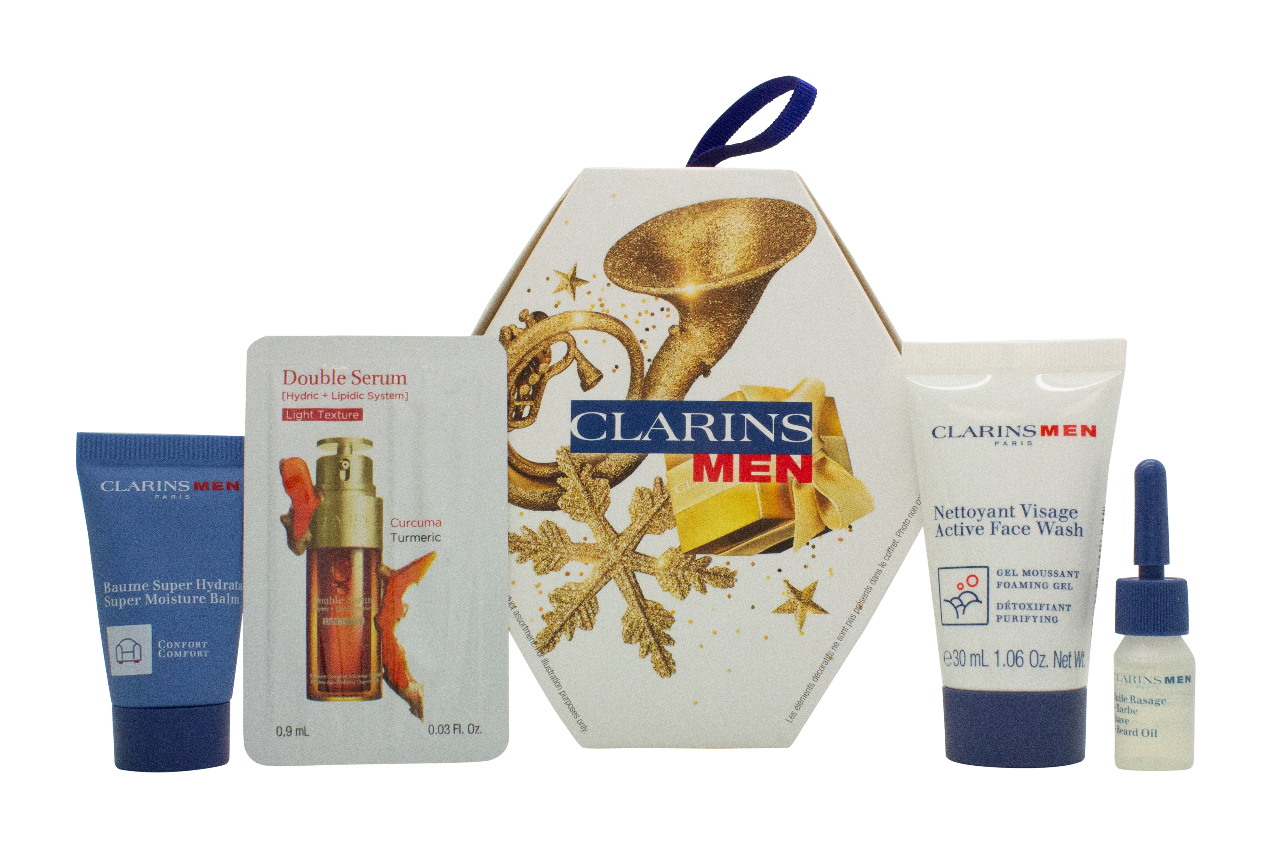 Clarins Men Gift Set 30ml Active Face Wash + 12ml Super Moisture Balm + 3ml Shave + Beard Oil