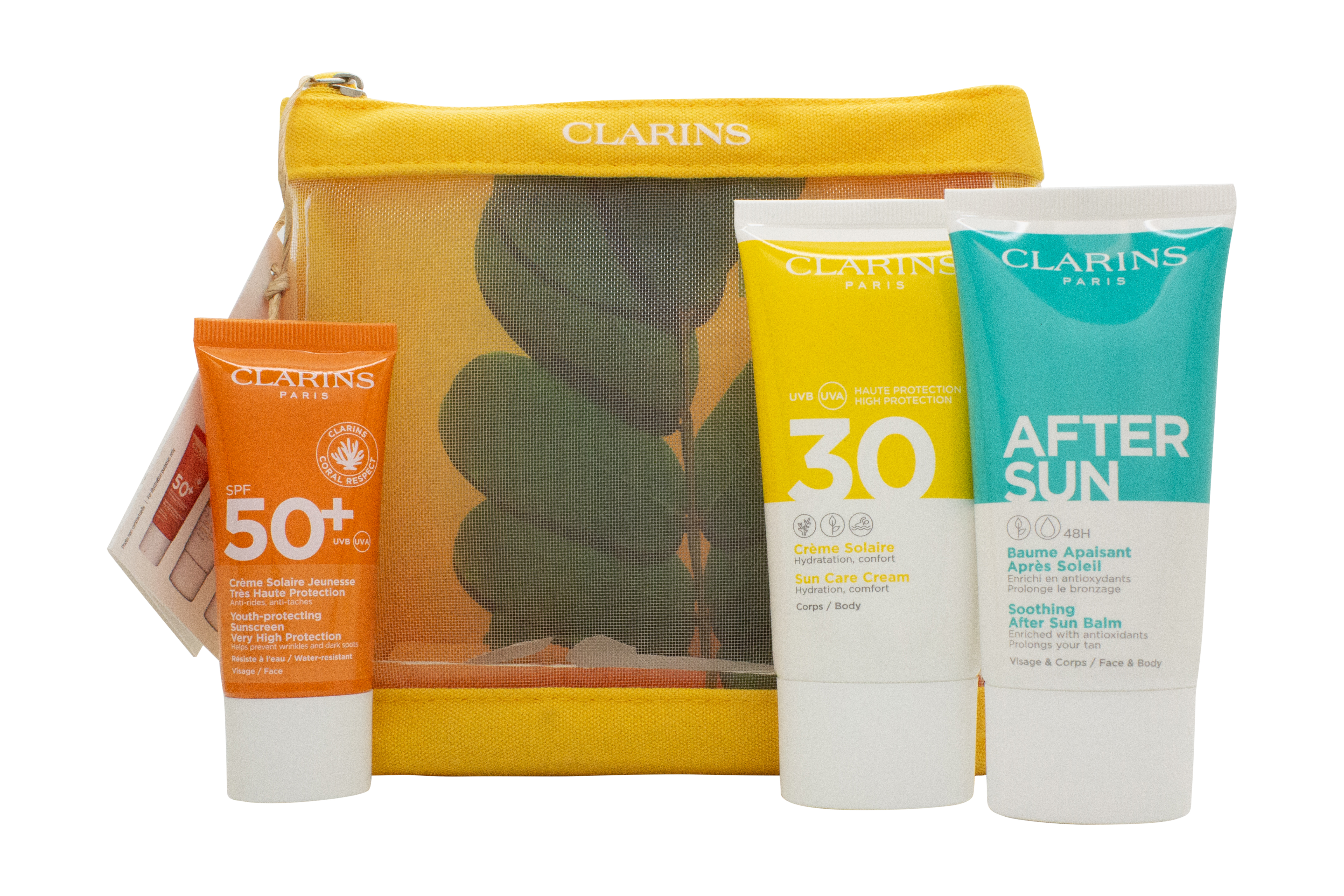 Clarins Essential Sun Care Travel Set 50ml Very High Protection Sun CreamSPF50 + 15ml Gentle Peeling + 75ml Soothing After Sun Balm