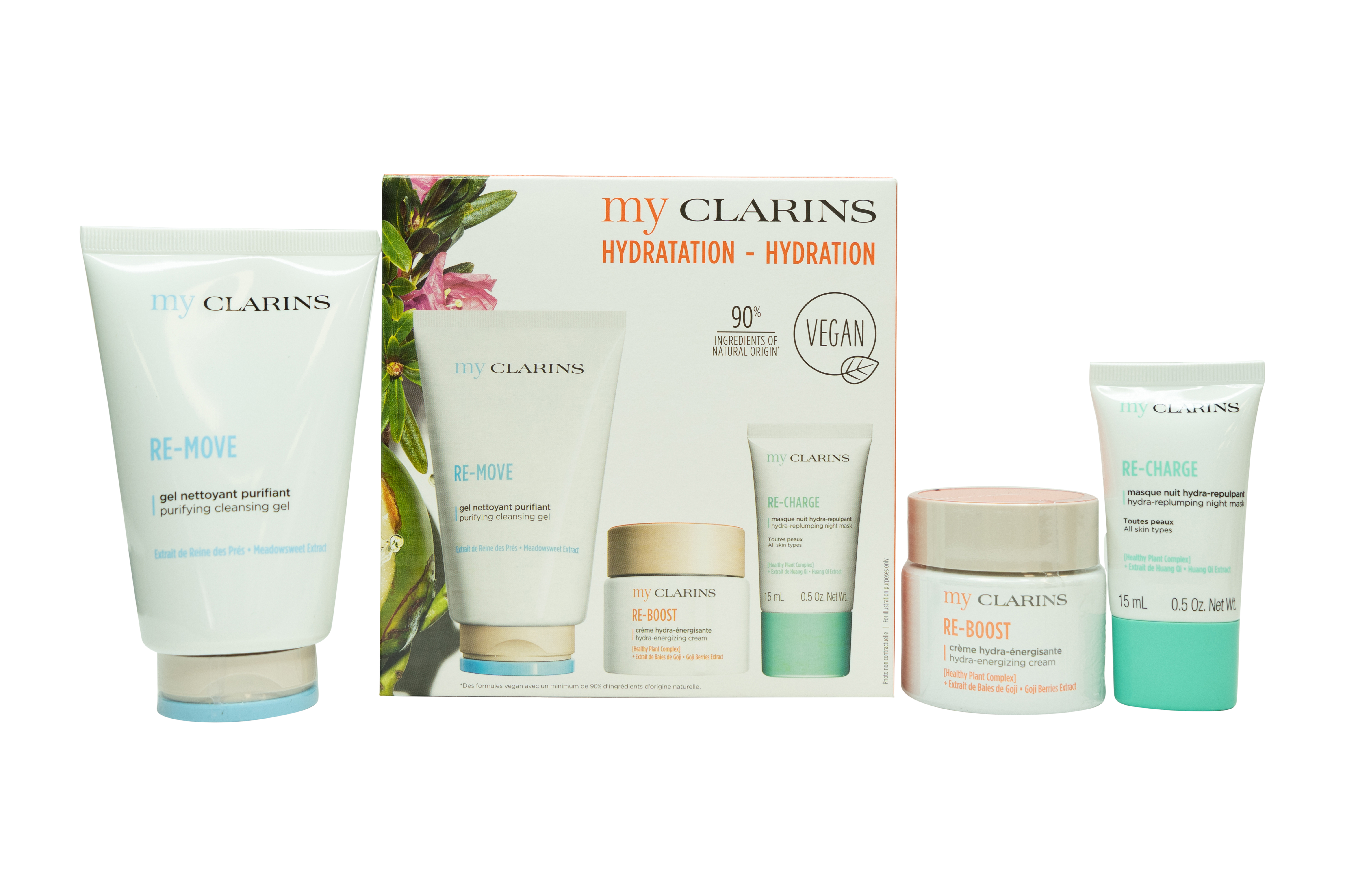 Clarins Hydration Gift Set 125ml Re-Move Purifying Cleansing Gel + 50ml Re-Boost Hydra Energizing Cream + 15ml Re-Charge Hydra Replumping Night Mask