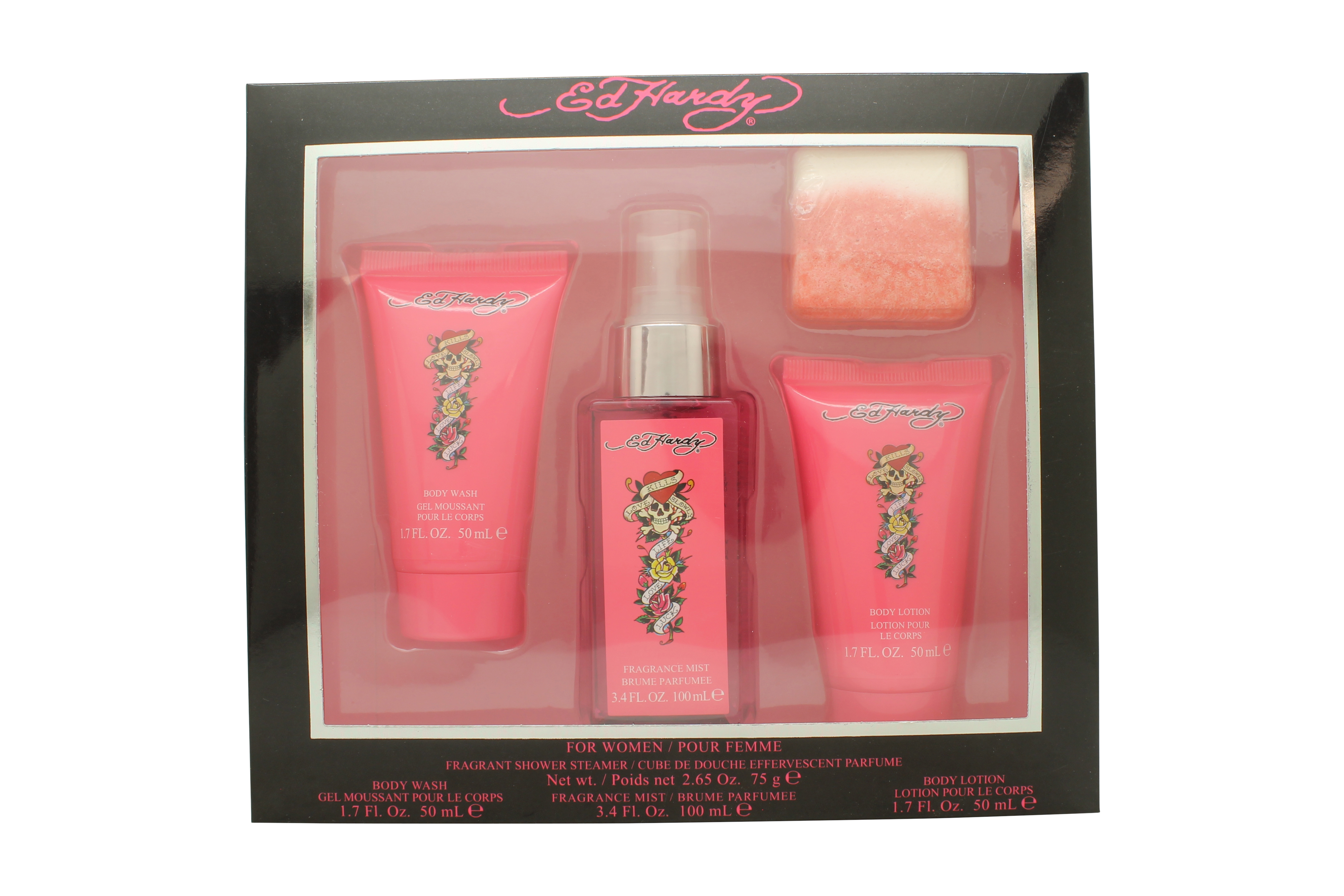 Ed Hardy Women Gift Set 100ml Body Mist + 50ml Body Wash + 50ml Body Lotion + 75g Bath Fizz