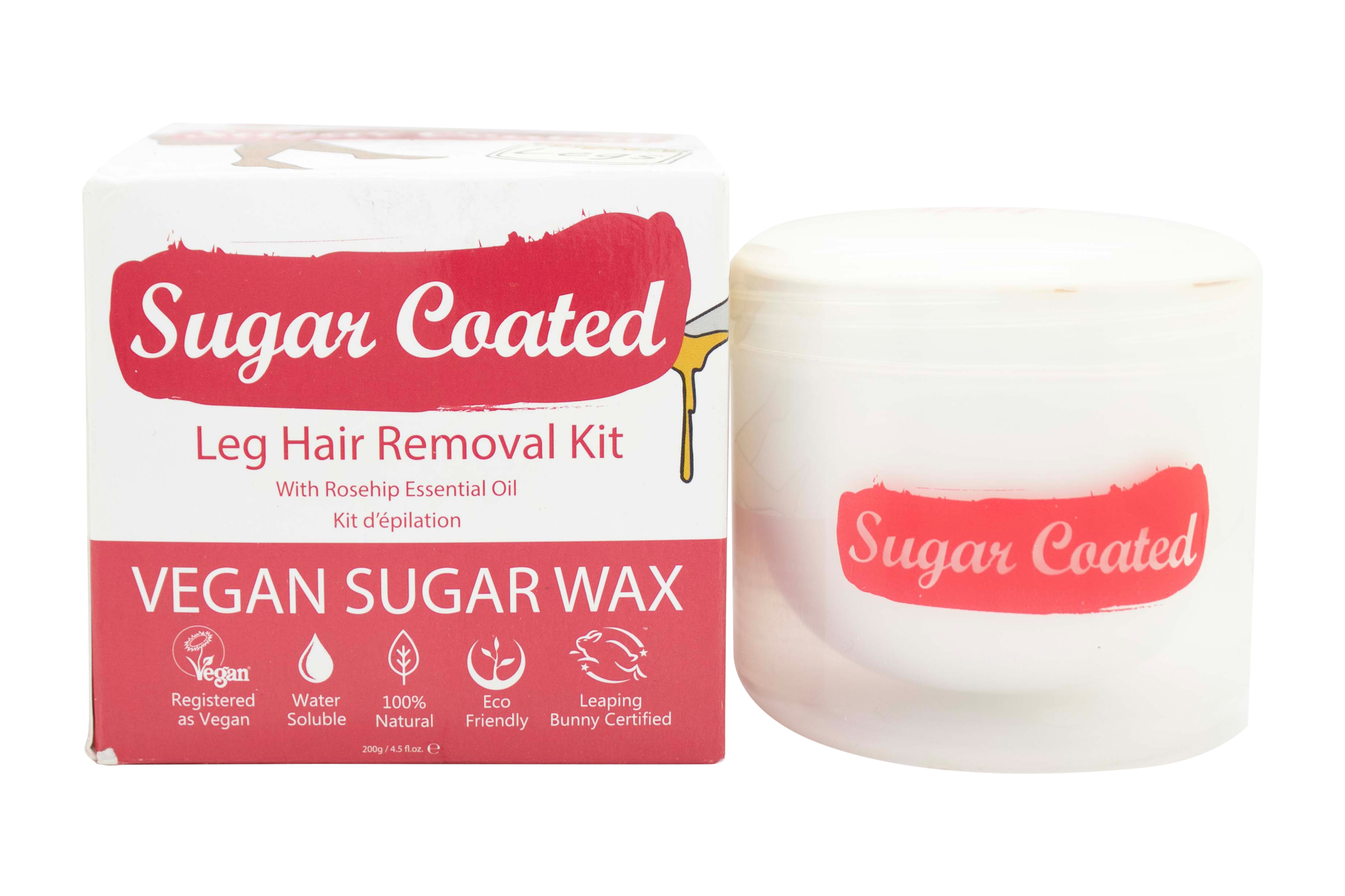 Sugar Coated Leg Hair Removal Kit with Rosehip Essential Oil 200g Wax + 2 Big Spatulas + 1 Small Spatula + 15 Re-Usable Strips