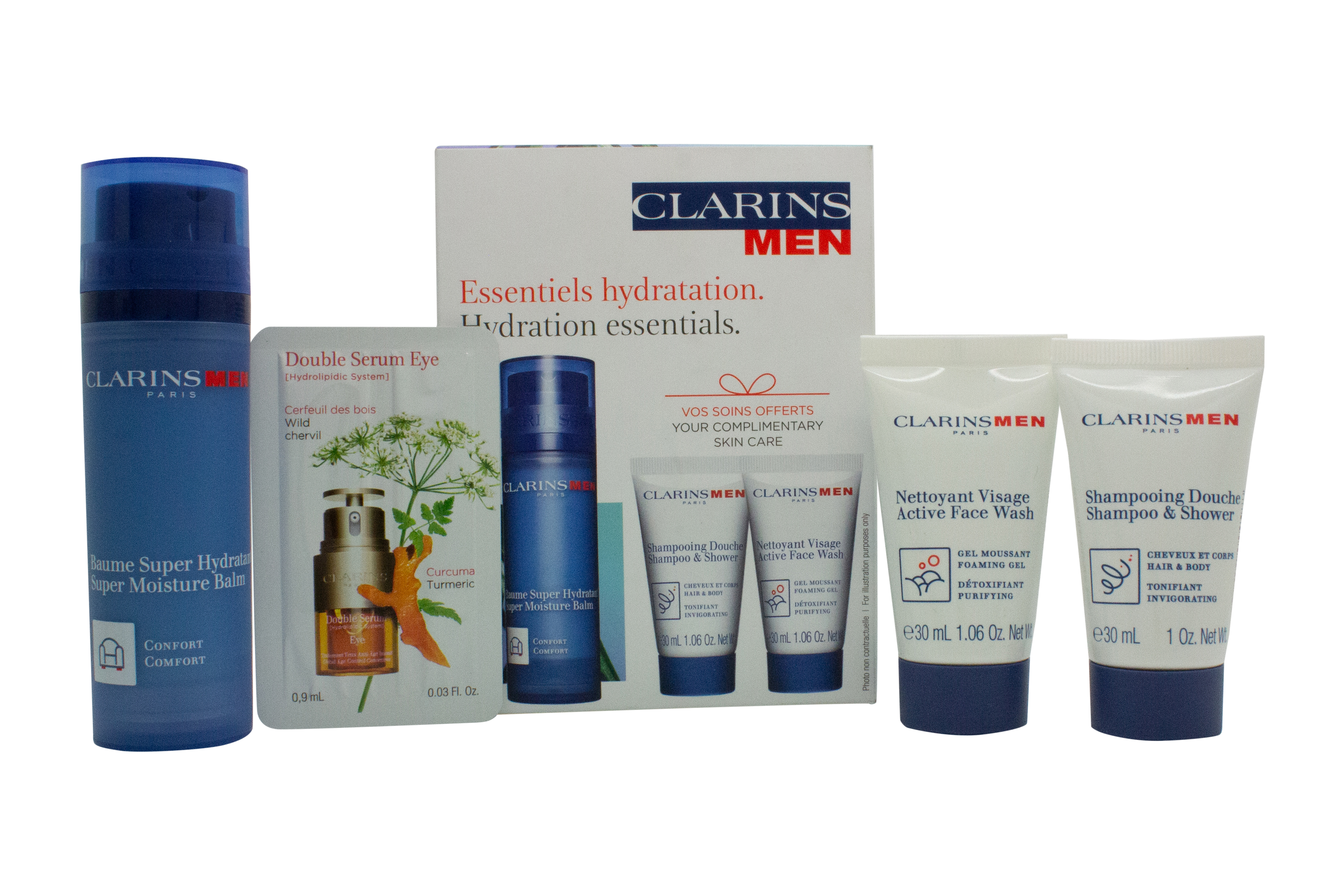 Clarins Men Hydrate Gift Set 50ml Super Moisture Balm + 30ml Shampoo & Shower Gel + 30ml Active Face Wash