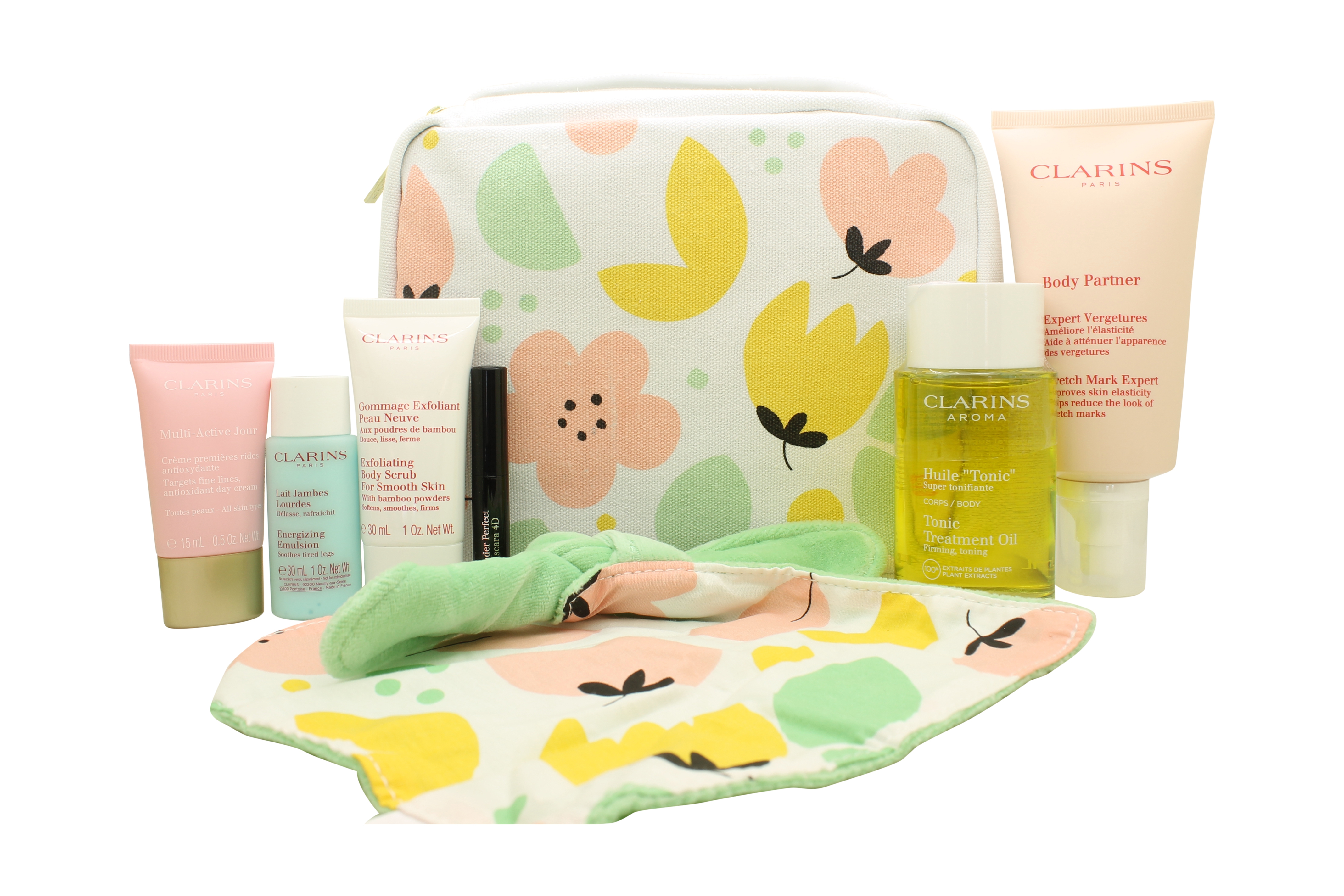 Clarins Beautiful Beginnings Gift Set 175ml Stretch Mark Expert + 30ml Exfoliating Body Scrub + 15ml Multi-Active Day Cream + 100ml Tonic Treatment Oil + 3ml Supra Lift & Curl Mascara + Comforter