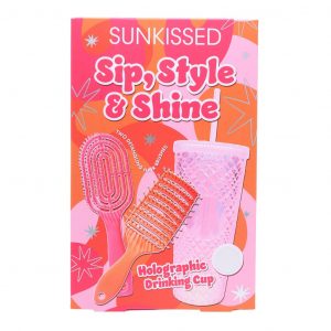 Sunkissed Sip, Style & Shine Gift Set 2x Detangling Hair Brushes + 1x Holographic Drinking Cup