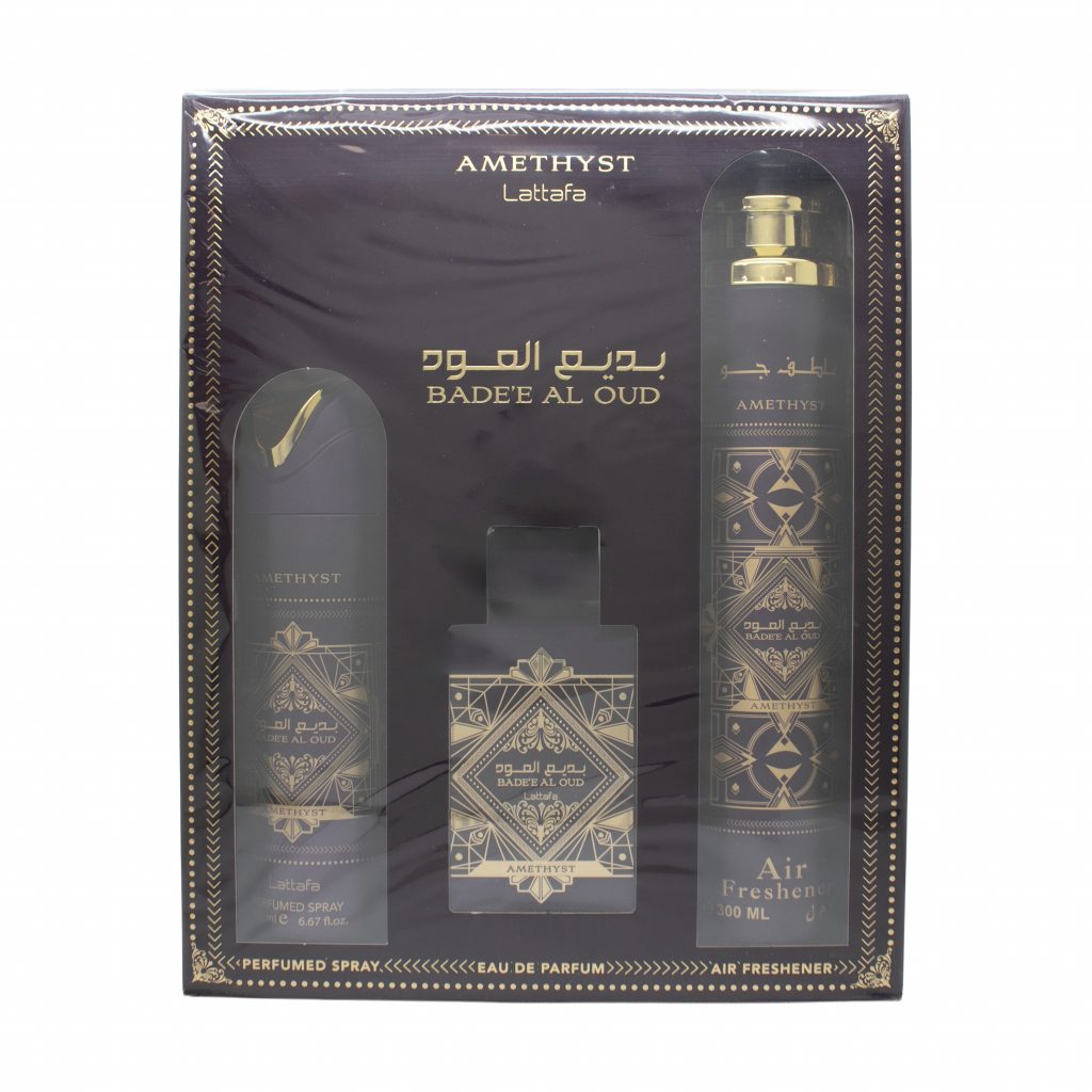 Lattafa Perfumes Bade'e Al Oud Amethyst Gift Set 100ml EDP + 300ml Air Freshener + 200ml Perfumed Spray
