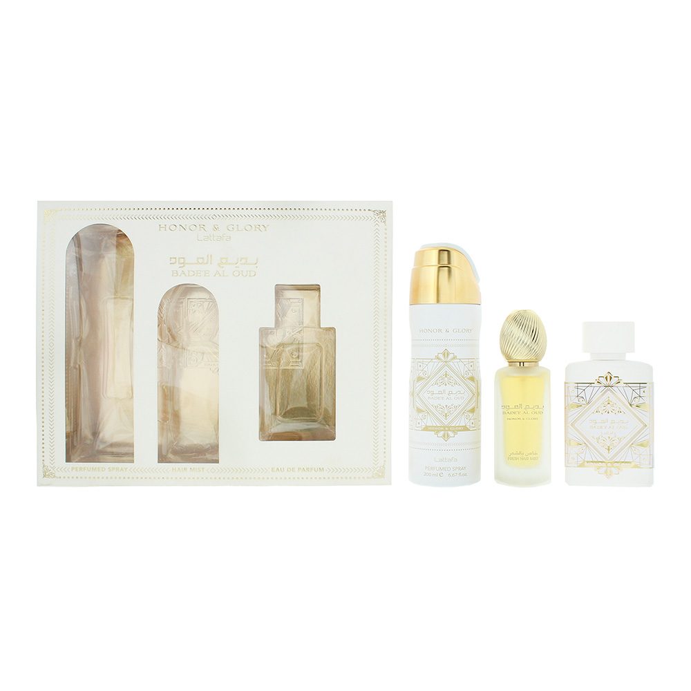 Lattafa Bade'e Al Oud Honor & Glory Gift Set 100 ml EDP + 200ml Scented Body Spray + 50ml Scented Hair Spray